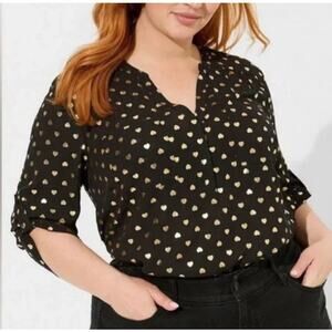 Torrid Womens 0X Top Plus Size Harper Black Gold Hearts Blouse 3/4 Sleeve